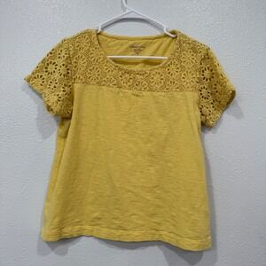 Coldwater Creek‎ Yellow Crochet Knit Top Women's Petite Medium Short Sleeve